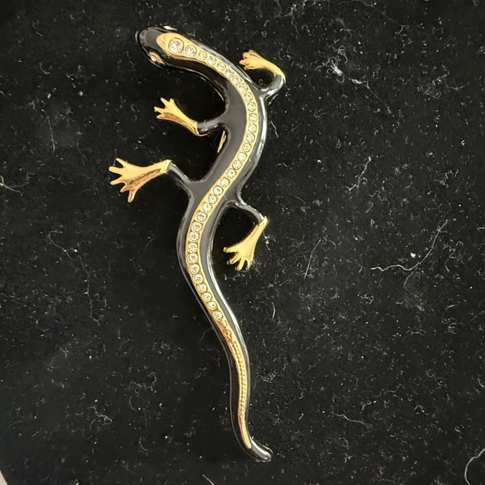 Vintage Black and Gold Lizard Pin - Crystal Accent Reptile Accessory